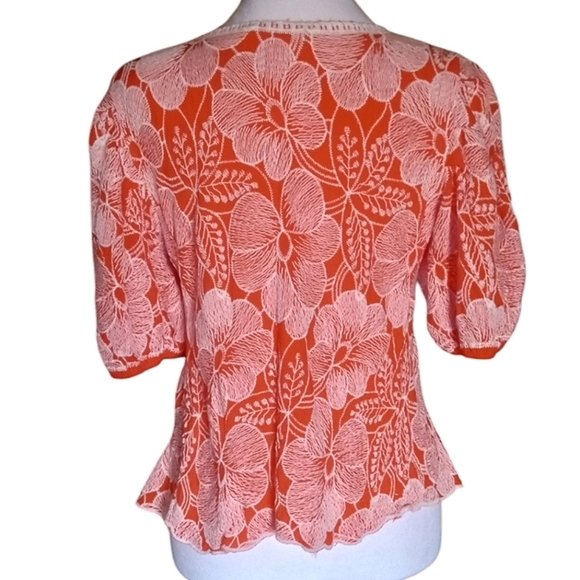 Anthropologie Solitaire Orange All Over Floral Embroidery Peasant Top Sz Medium - Picture 5 of 8